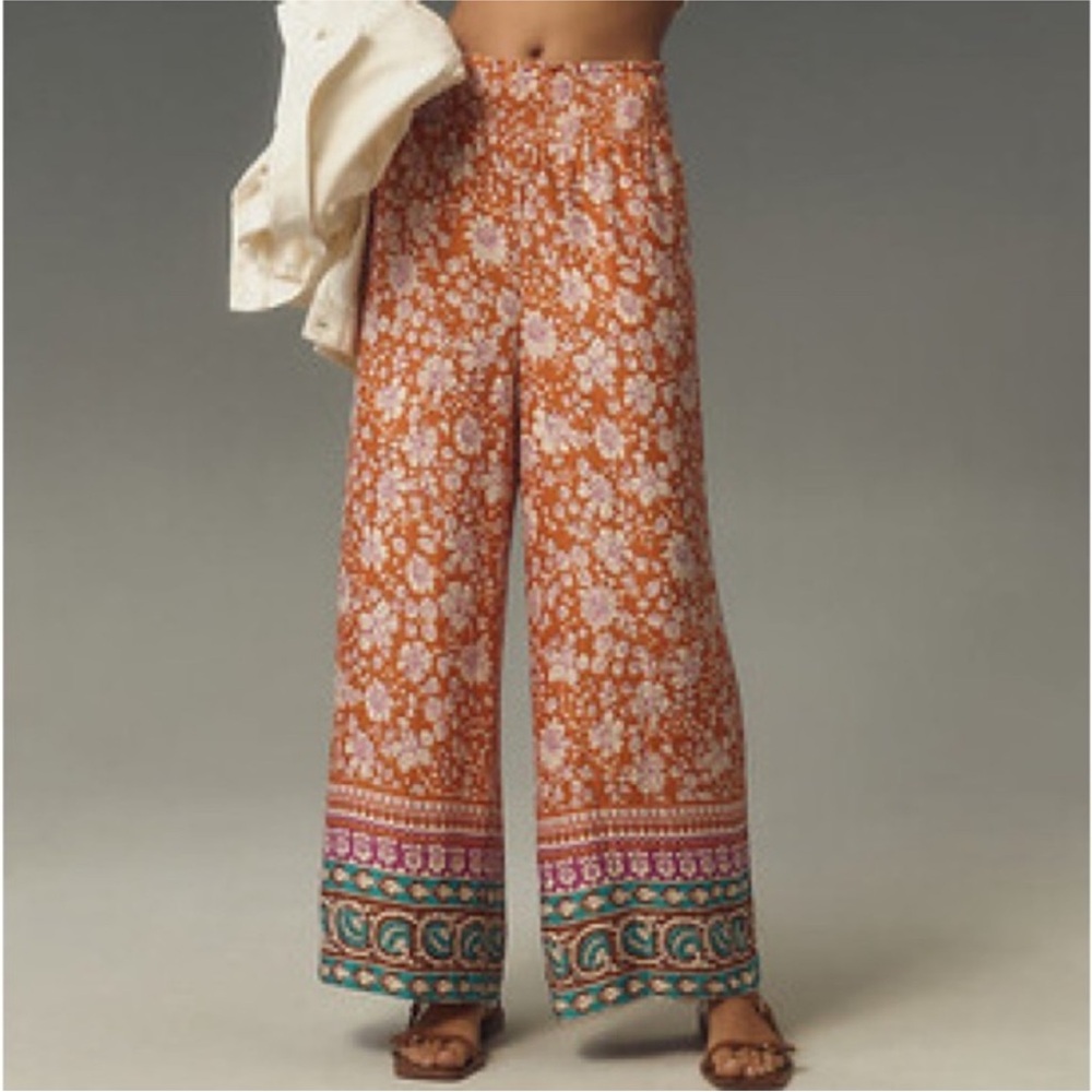 Anthropologie Maeve Saria Smocked Wide-Leg Pants